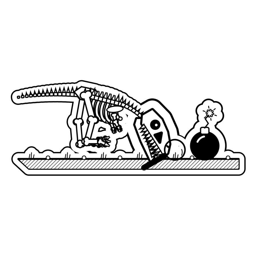 Tyrannosaurus rex — Inspecting a lit bomb through a magnifying glass. dinosaur sticker, Extinction Fails collection
