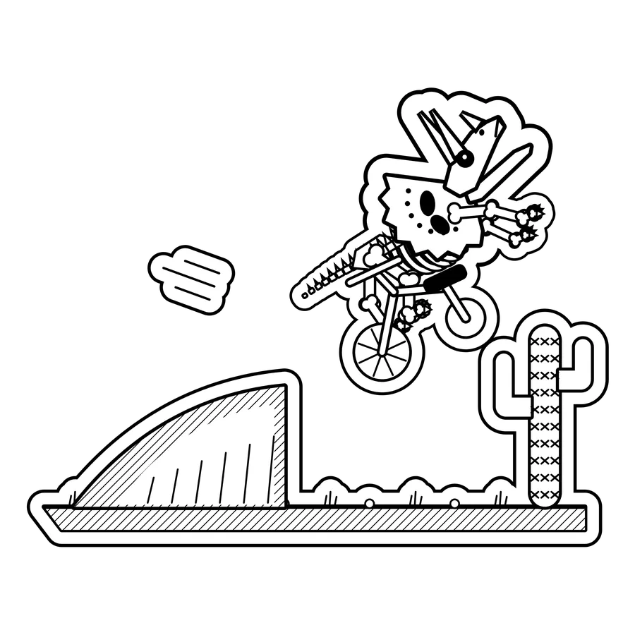 Triceratops — Tricycle off a ramp into a cactus. dinosaur sticker, Extinction Fails collection
