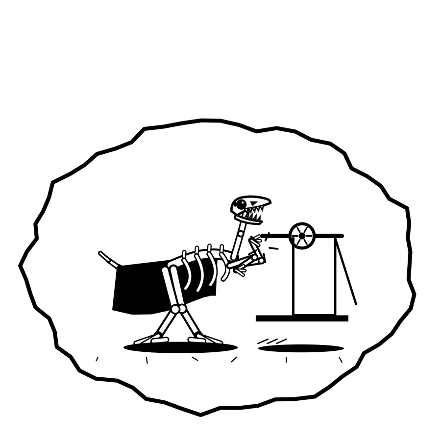 Pulley lifts the platform — Mishap dinosaur sticker, Extinction Fails collection