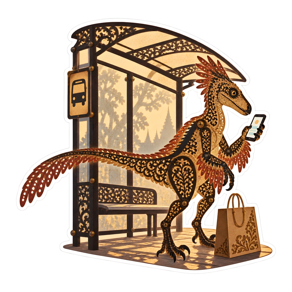 Deinonychus: checking the bus schedule, illustrated dinosaur sticker