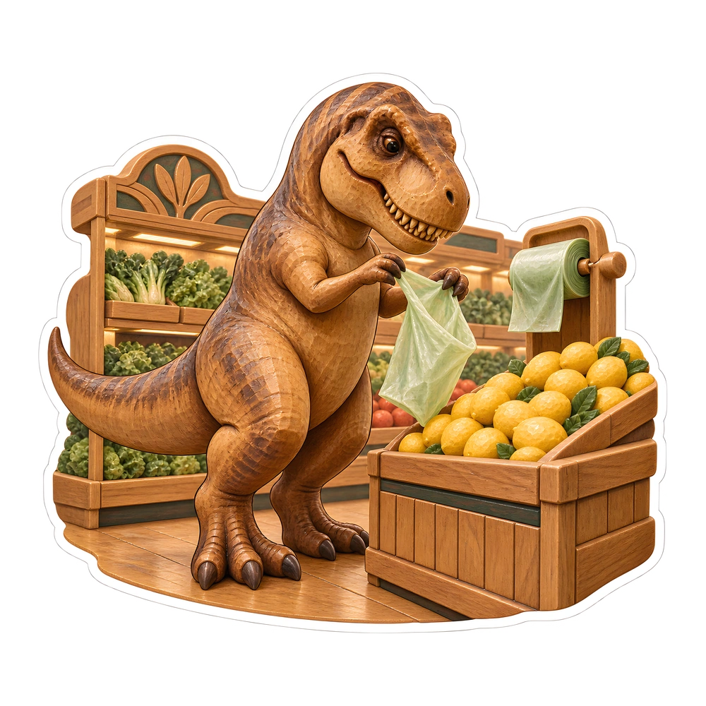 T. rex, Opening a produce bag dinosaur sticker