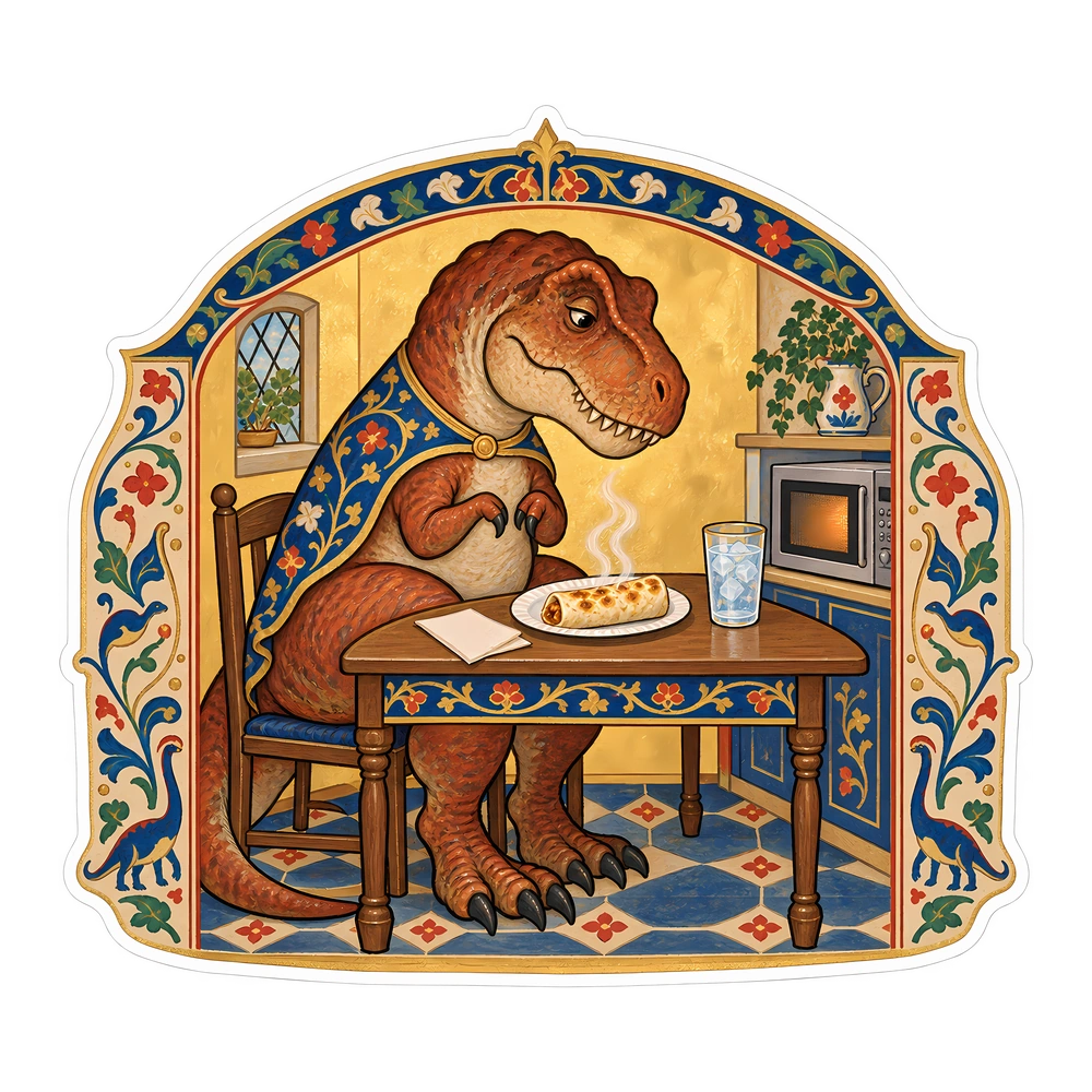 T. rex: waiting for the burrito to cool, illustrated dinosaur sticker