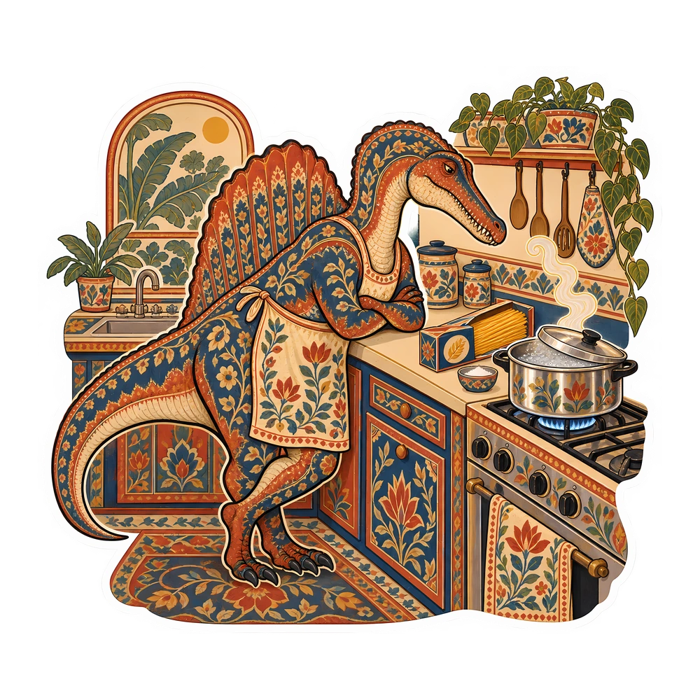 Spinosaurus: waiting for water to boil, illustrated dinosaur sticker