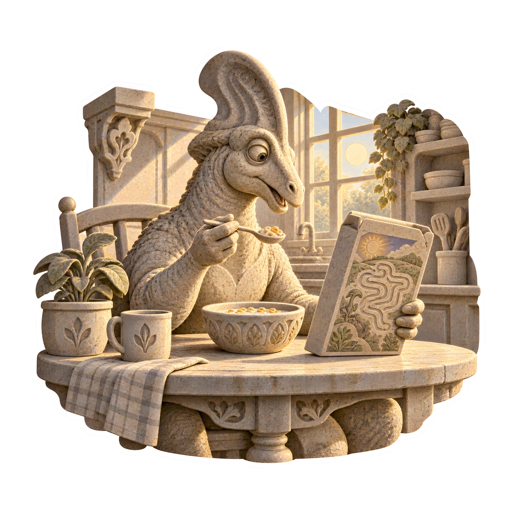 Corythosaurus: eating cereal and reading the box, illustrated dinosaur sticker