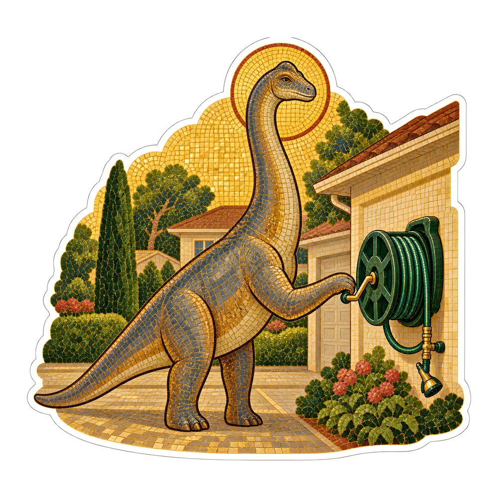 Brachiosaurus: winding the garden hose, illustrated dinosaur sticker