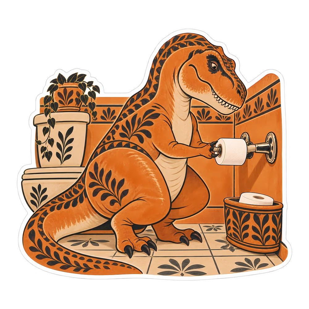 T. rex: replacing the toilet paper roll, illustrated dinosaur sticker