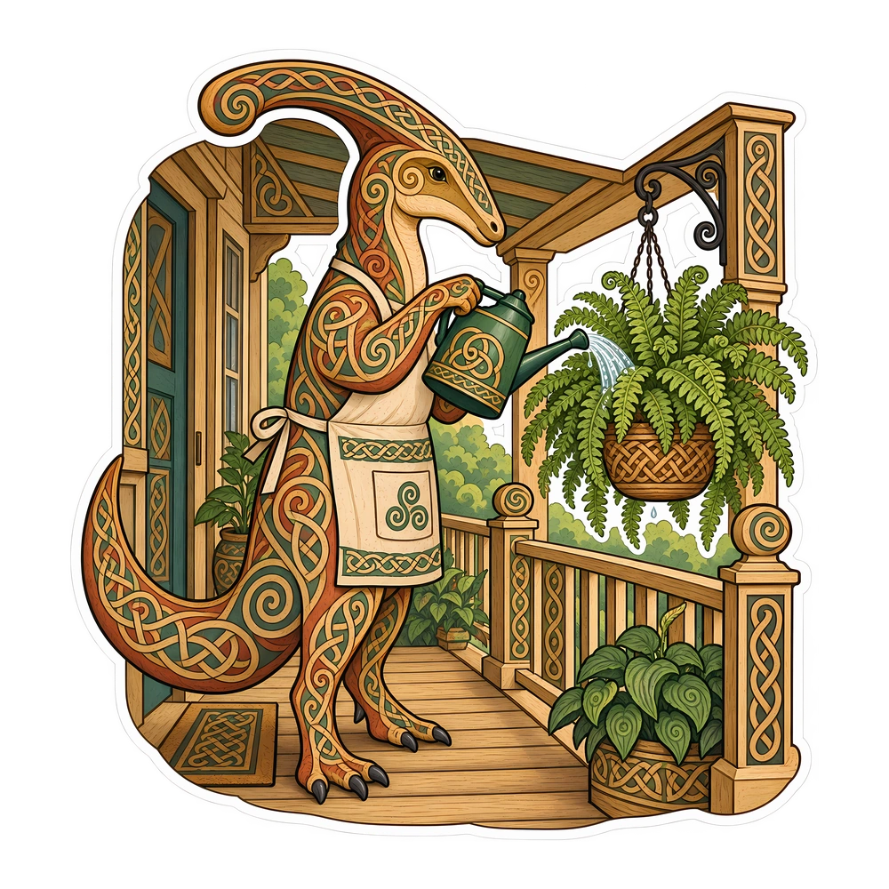 Parasaurolophus, Watering a porch fern dinosaur sticker