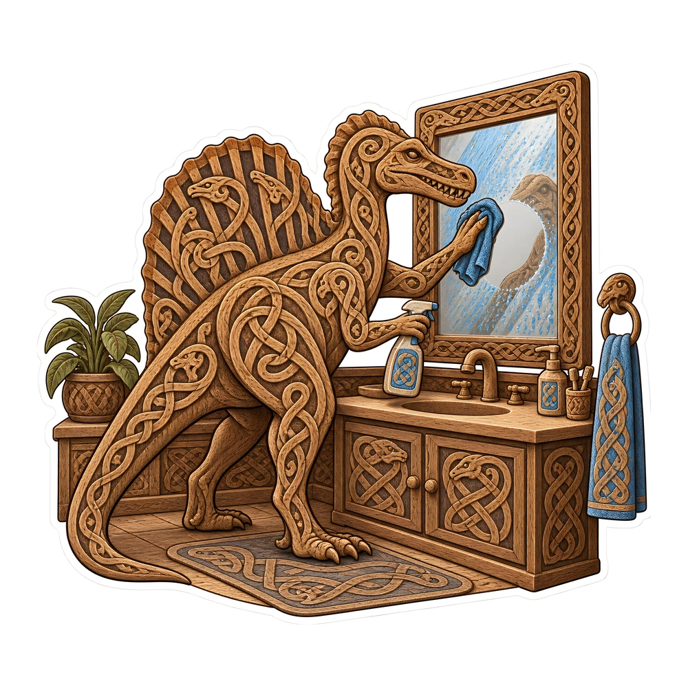Spinosaurus, Wiping the bathroom mirror dinosaur sticker
