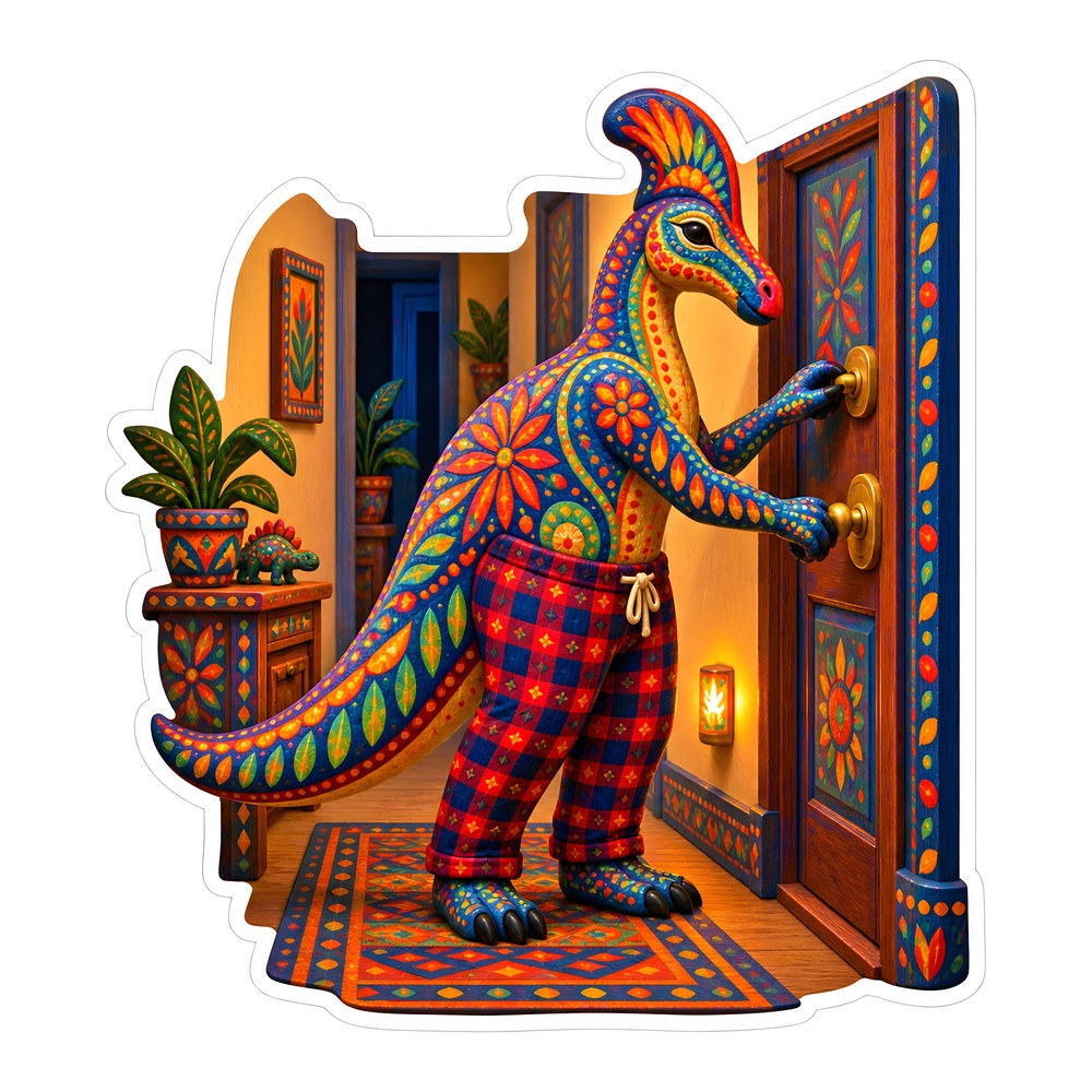 Corythosaurus: checking the door lock, illustrated dinosaur sticker