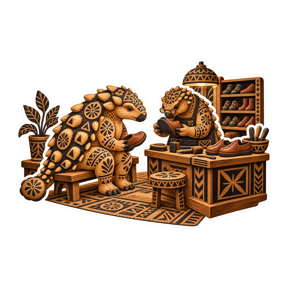 Ankylosaurus: waiting at the shoe repair shop, illustrated dinosaur sticker