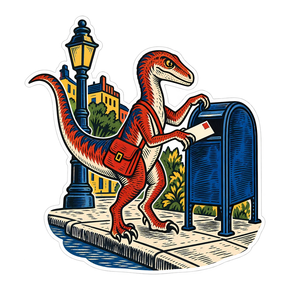 Velociraptor: dropping a letter in the blue mailbox, illustrated dinosaur sticker