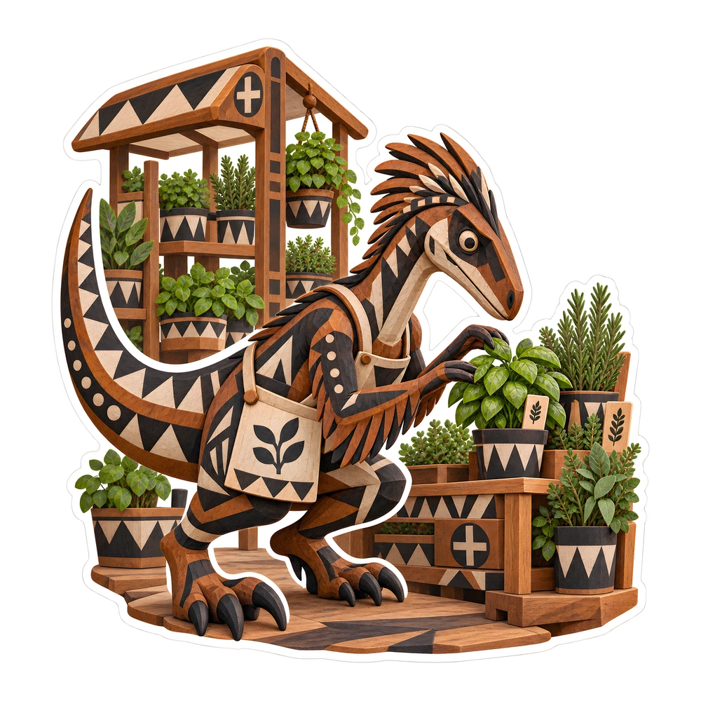 Deinonychus: choosing a potted herb at the nursery, illustrated dinosaur sticker