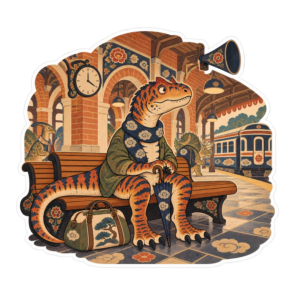 Allosaurus, Waiting at the train station bench dinosaur sticker