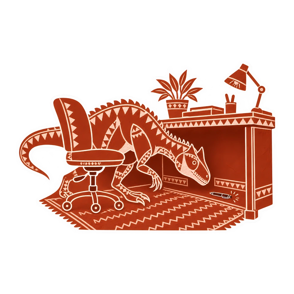 Allosaurus: looking for a dropped pen under the desk, illustrated dinosaur sticker