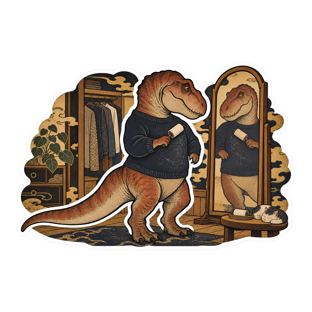 T. rex: lint-rolling a dark wool sweater, illustrated dinosaur sticker