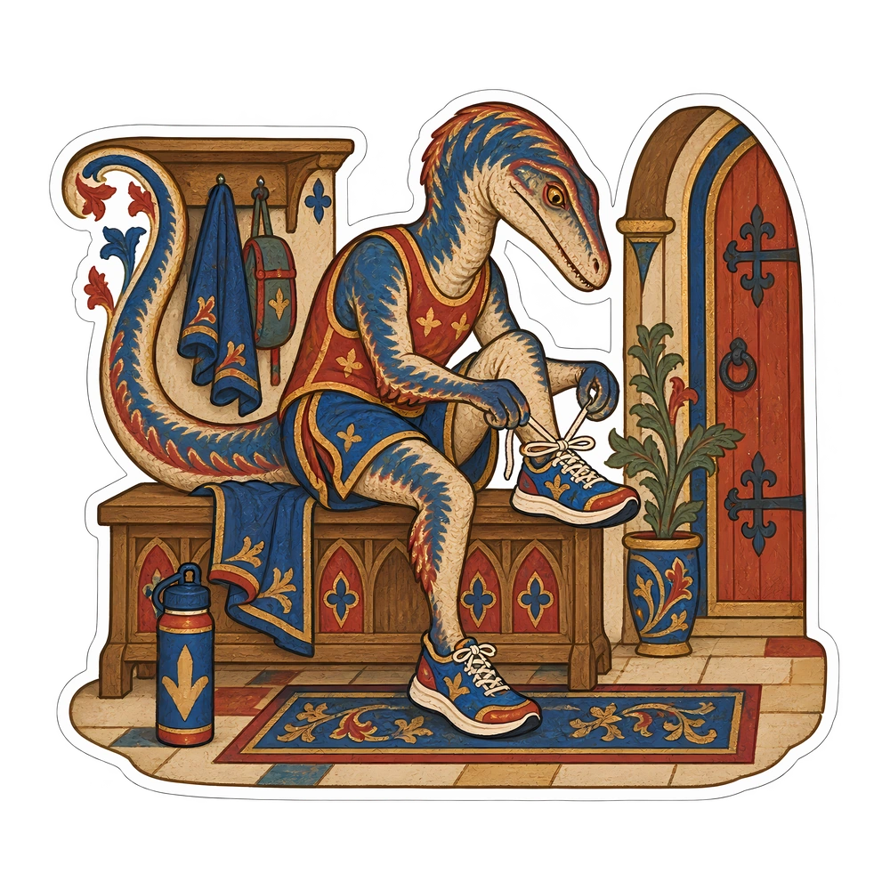 Velociraptor: tying running sneakers, illustrated dinosaur sticker