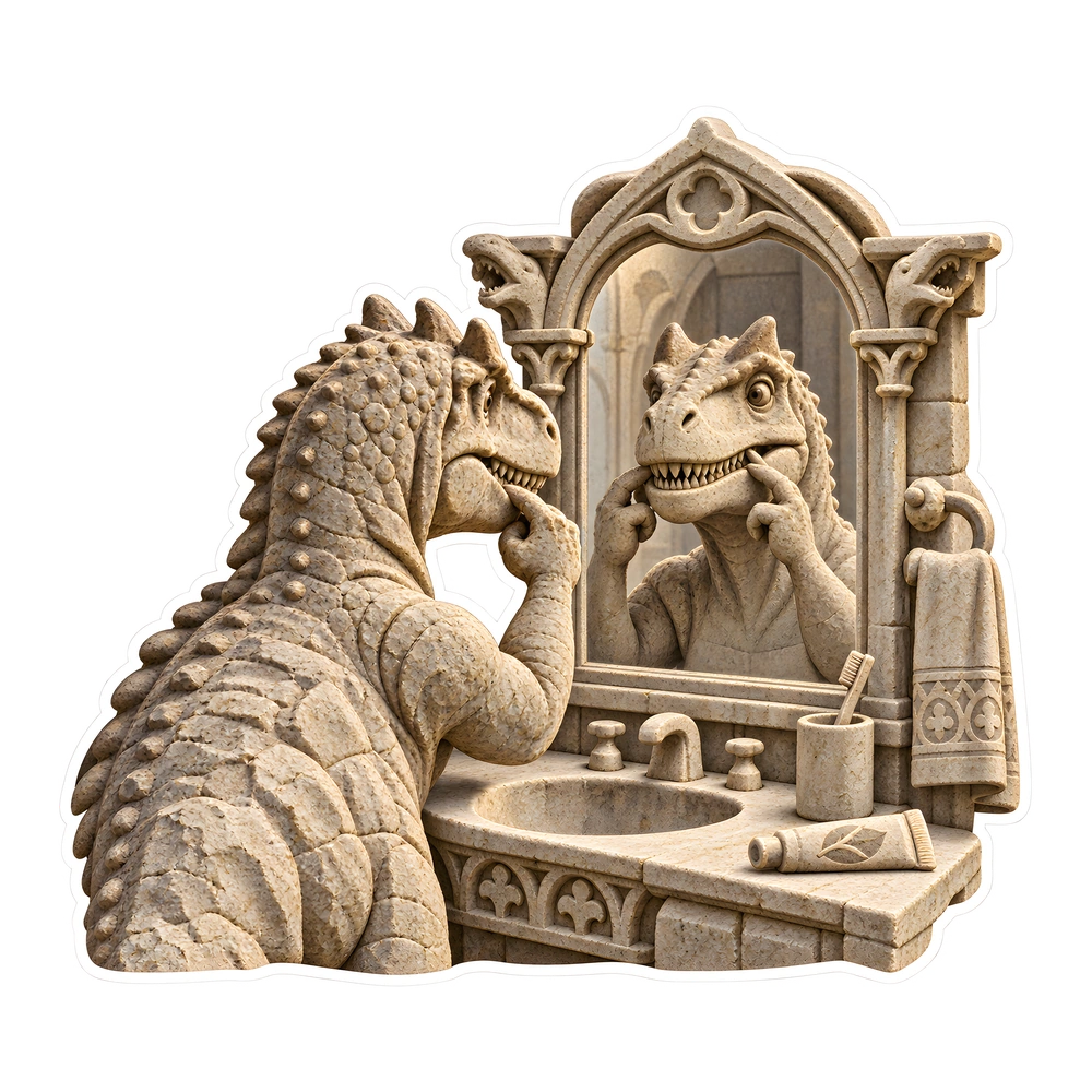 Allosaurus: checking teeth in the mirror, illustrated dinosaur sticker