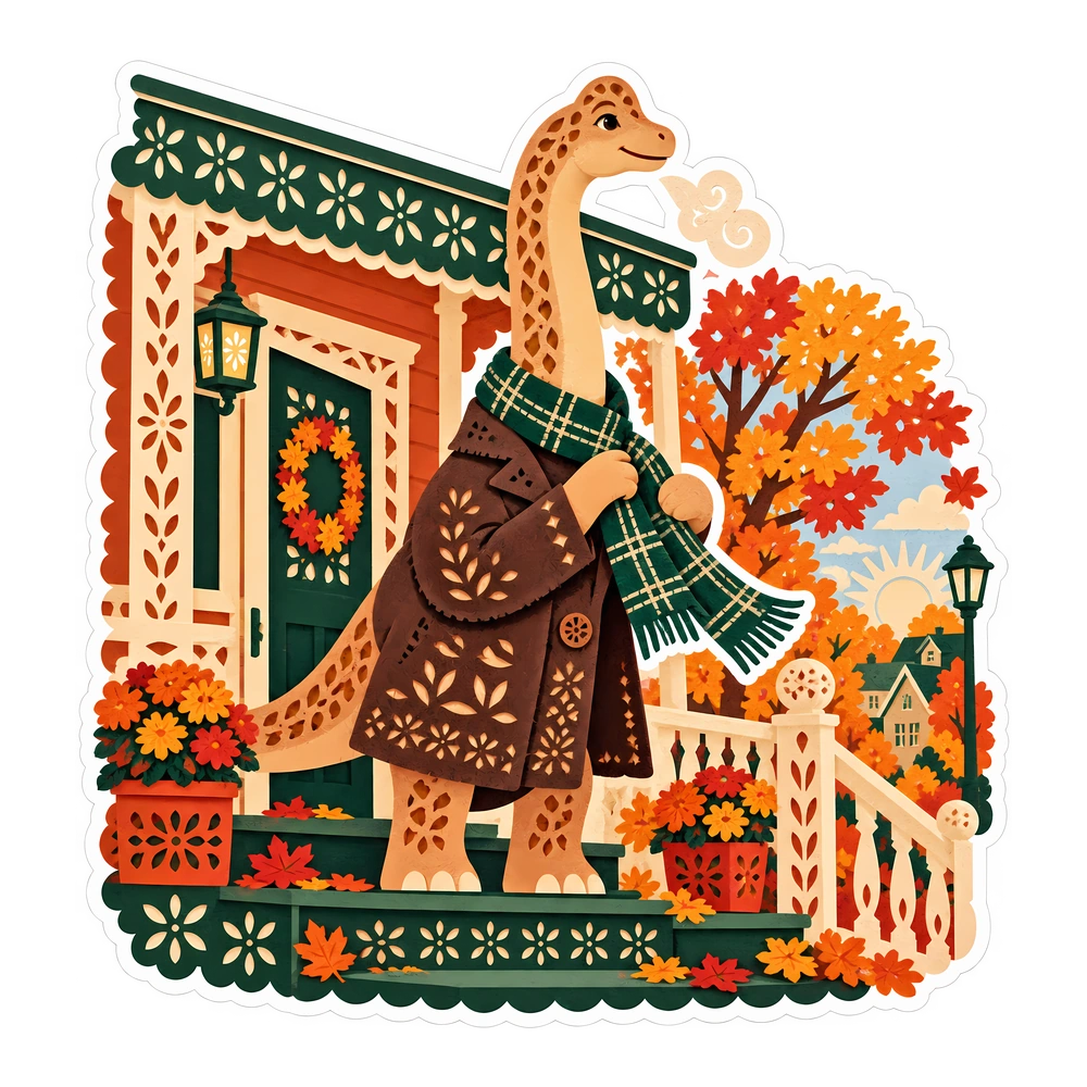 Brachiosaurus: wrapping a warm wool scarf, illustrated dinosaur sticker