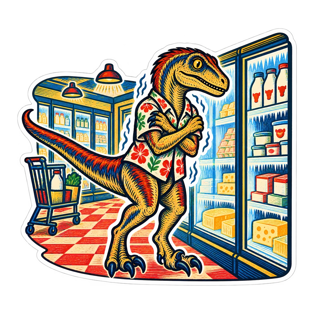 Velociraptor, Winter in the grocery aisle dinosaur sticker