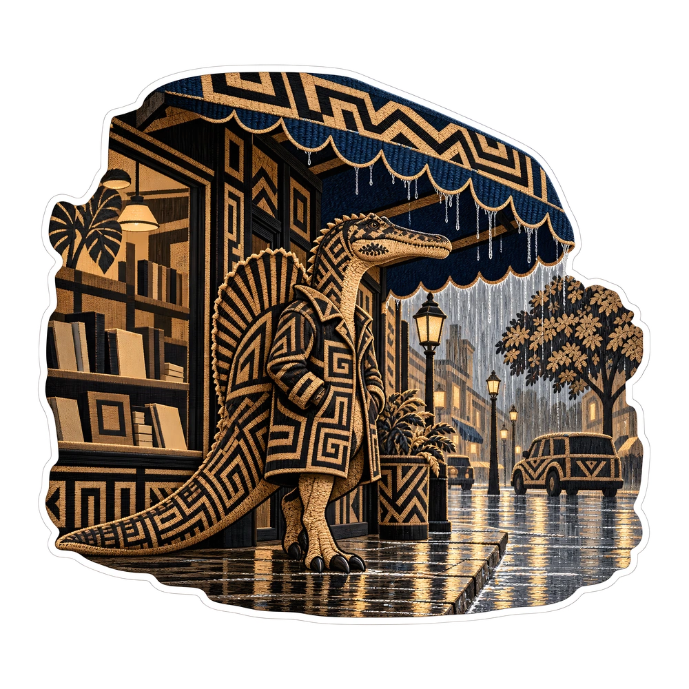 Spinosaurus: waiting out the rain, illustrated dinosaur sticker