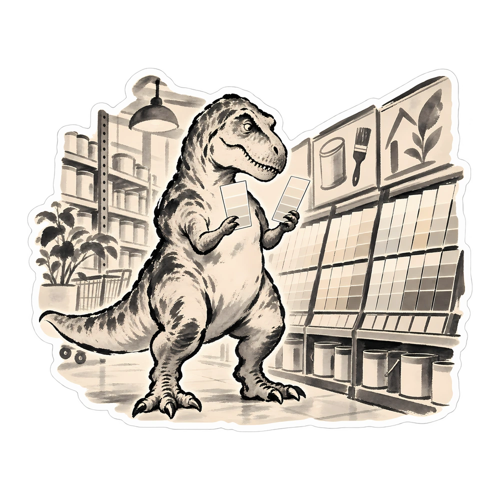 T. rex: comparing paint swatches, illustrated dinosaur sticker