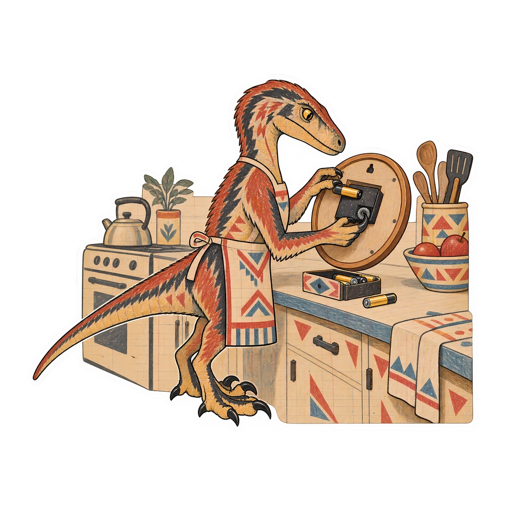 Velociraptor, Replacing a wall clock battery dinosaur sticker