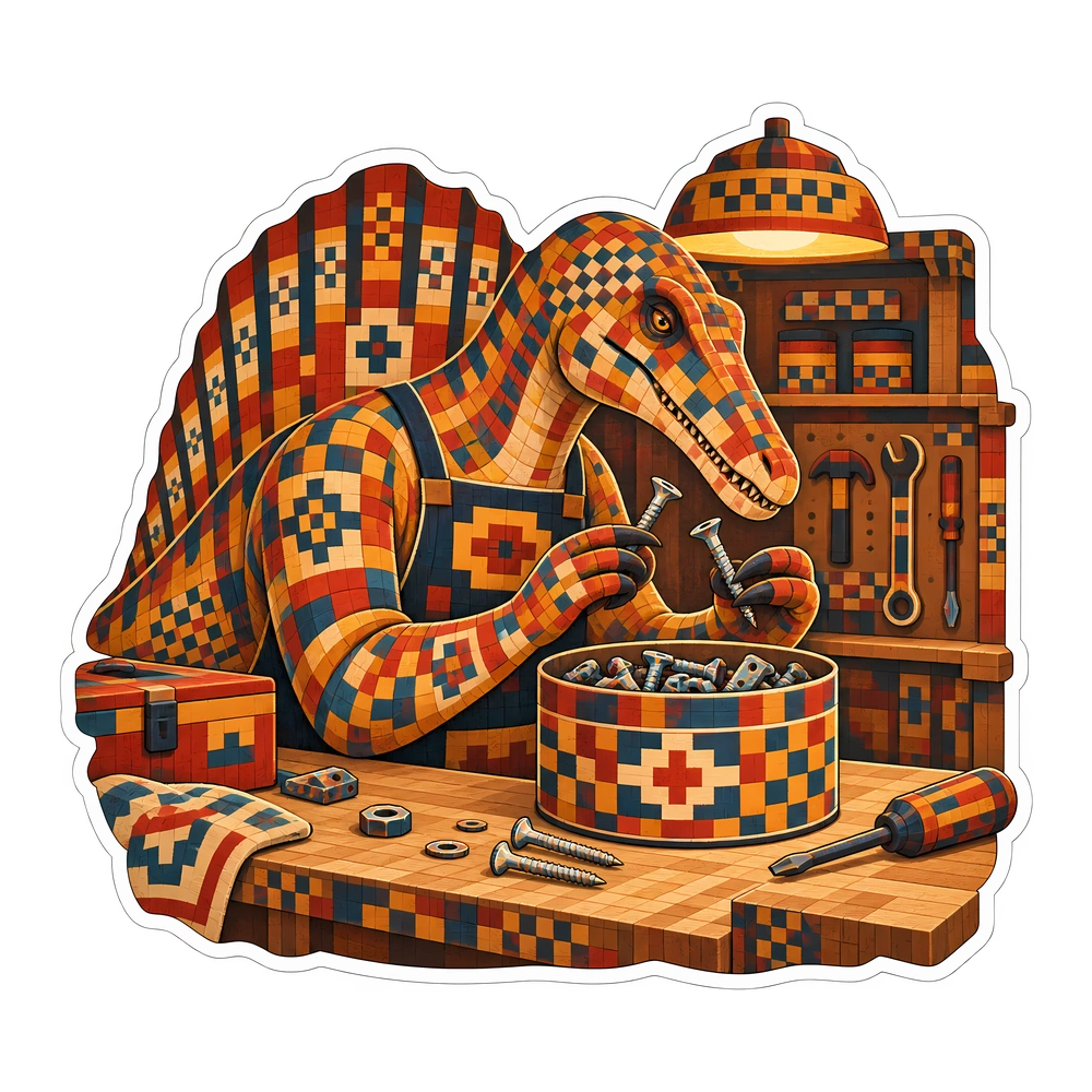 Spinosaurus, Sorting loose screws in a coffee tin dinosaur sticker