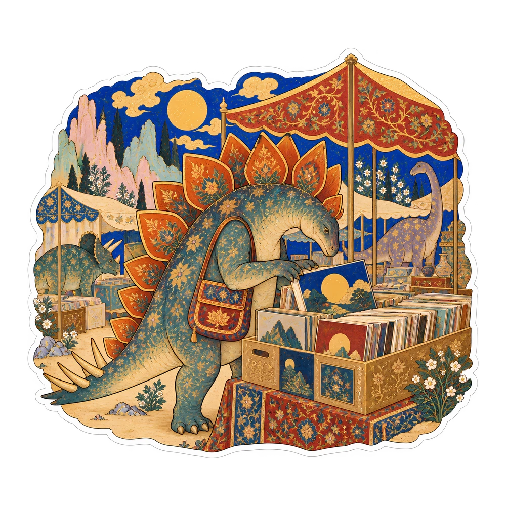 Stegosaurus, Browsing the record crates dinosaur sticker