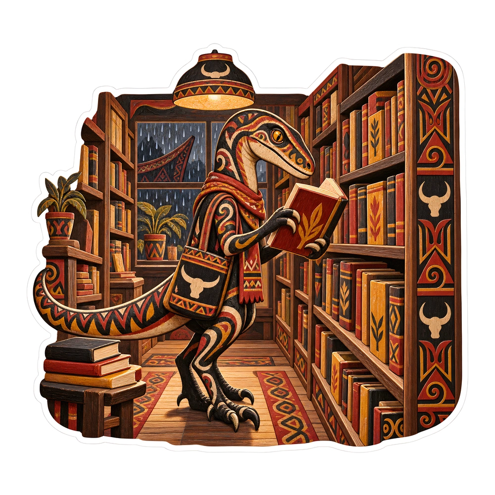 Velociraptor, Browsing a secondhand bookstore dinosaur sticker