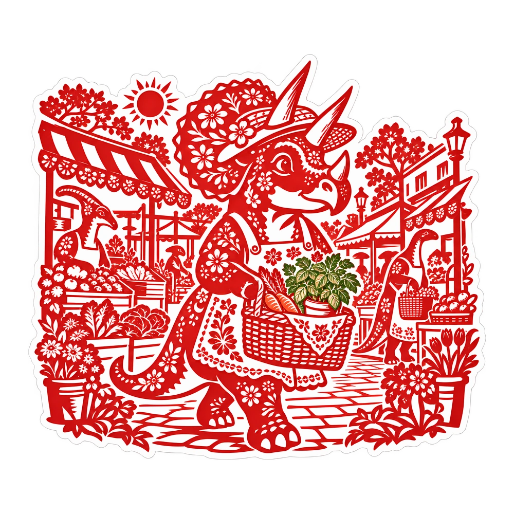 Triceratops: at the farmers market with a basil plant, illustrated dinosaur sticker