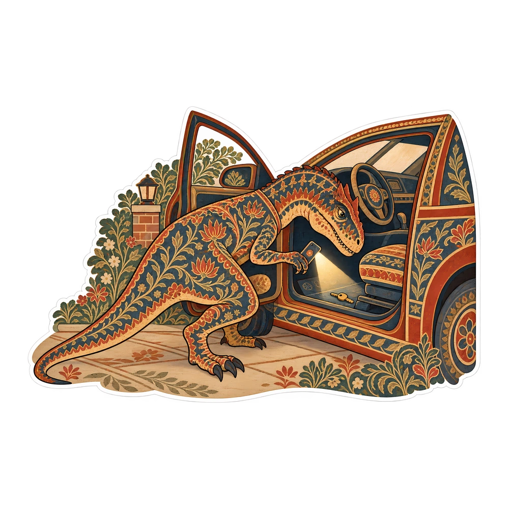 Allosaurus: looking under the car seat, illustrated dinosaur sticker