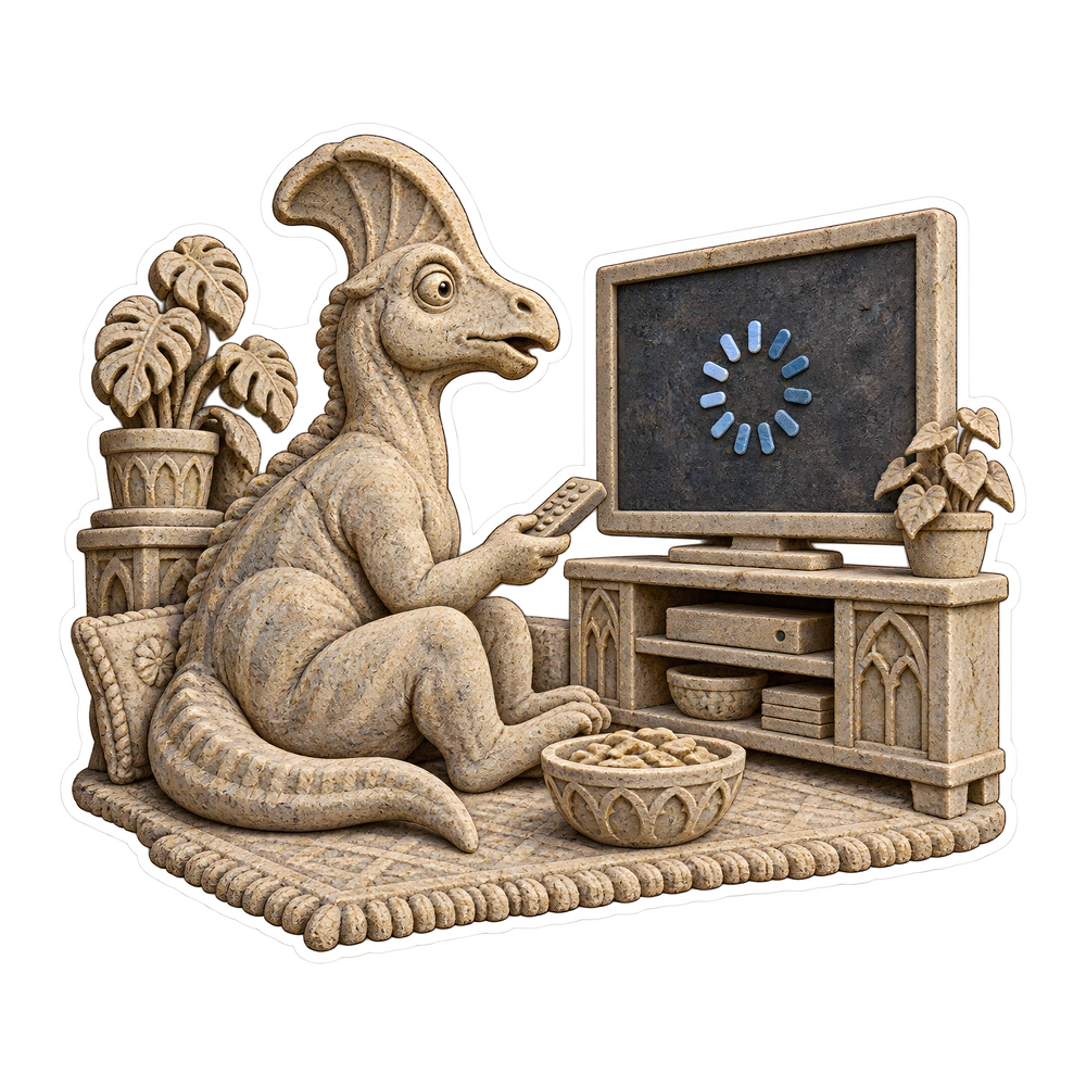 Corythosaurus: waiting for the TV to reconnect, illustrated dinosaur sticker