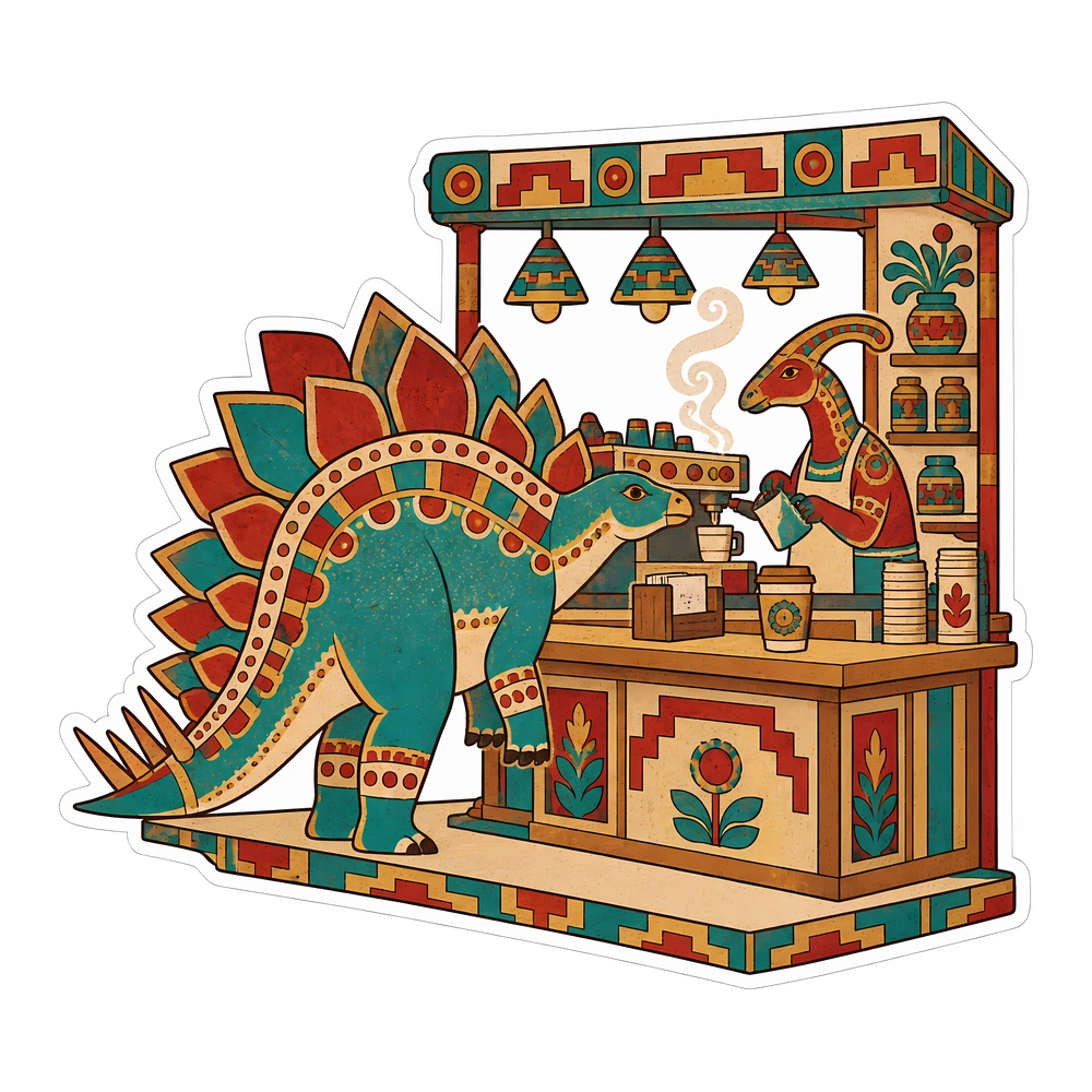 Stegosaurus: waiting for coffee, illustrated dinosaur sticker