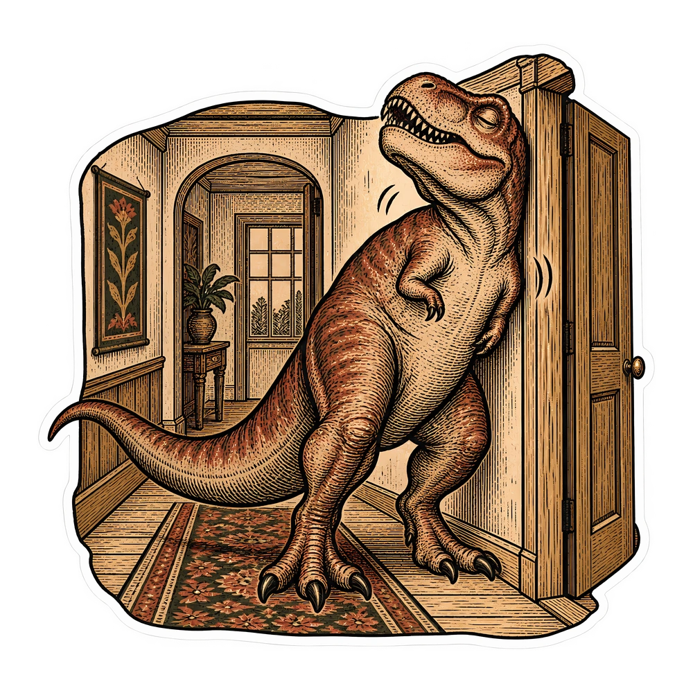 T. rex, Scratching its back on a wooden doorframe dinosaur sticker