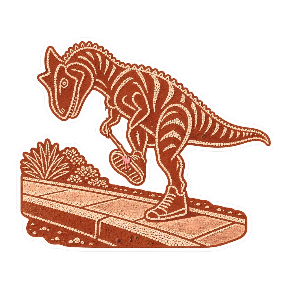 Allosaurus: scraping chewing gum off a shoe, illustrated dinosaur sticker