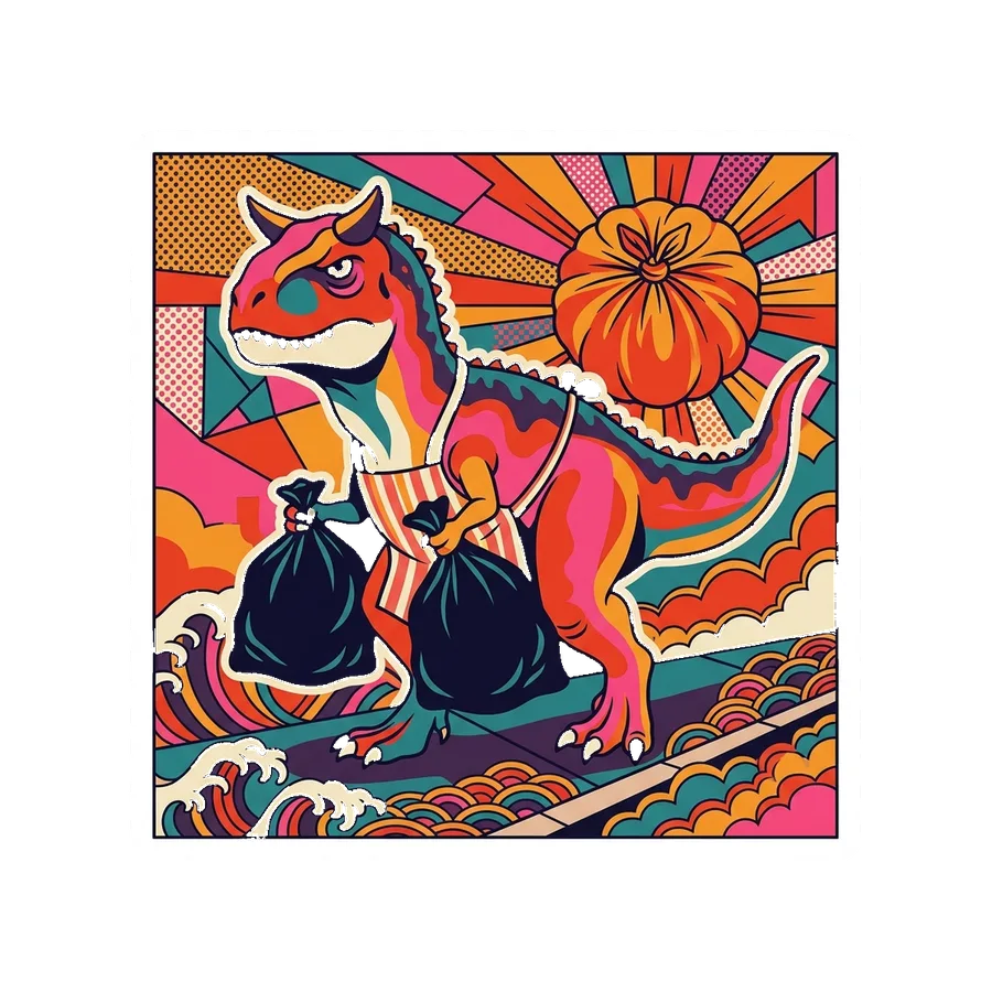 Carnotaurus — Taking out trash dinosaur sticker, Kaiju Sunrise collection
