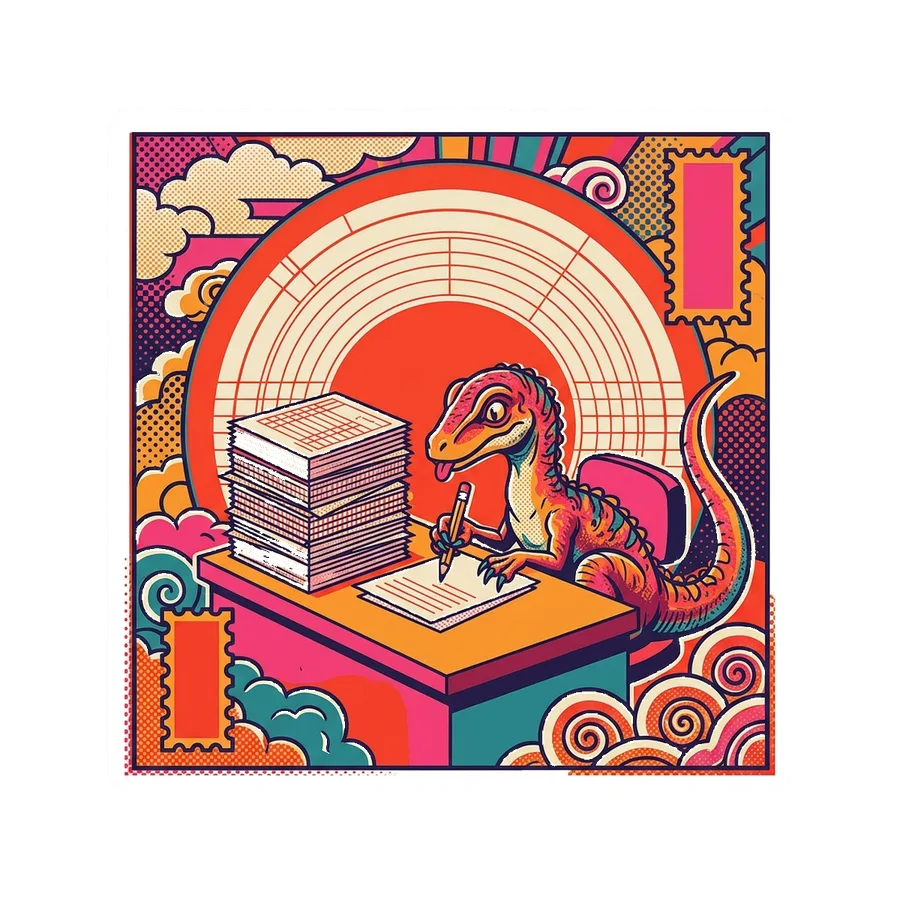 Compsognathus — Doing paperwork dinosaur sticker, Kaiju Sunrise collection