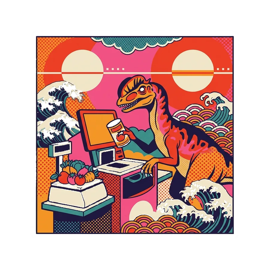 Dilophosaurus — Self checkout dinosaur sticker, Kaiju Sunrise collection