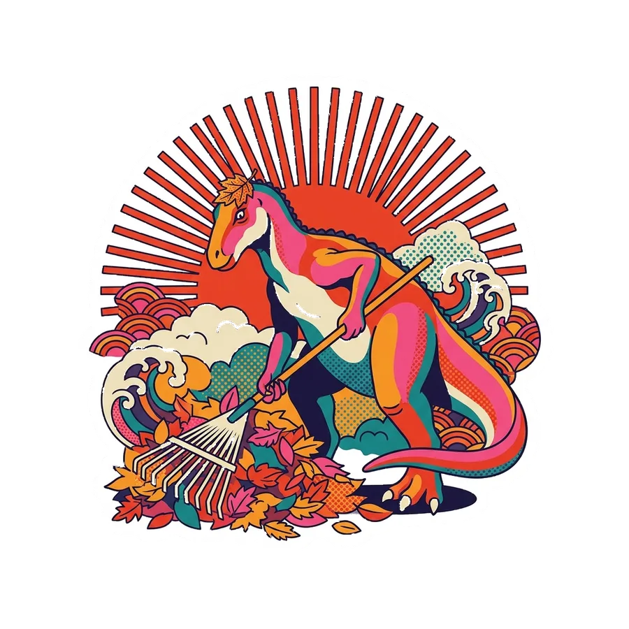 Iguanodon — Raking leaves dinosaur sticker, Kaiju Sunrise collection