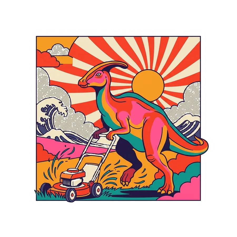 Parasaurolophus — Mowing the lawn dinosaur sticker, Kaiju Sunrise collection