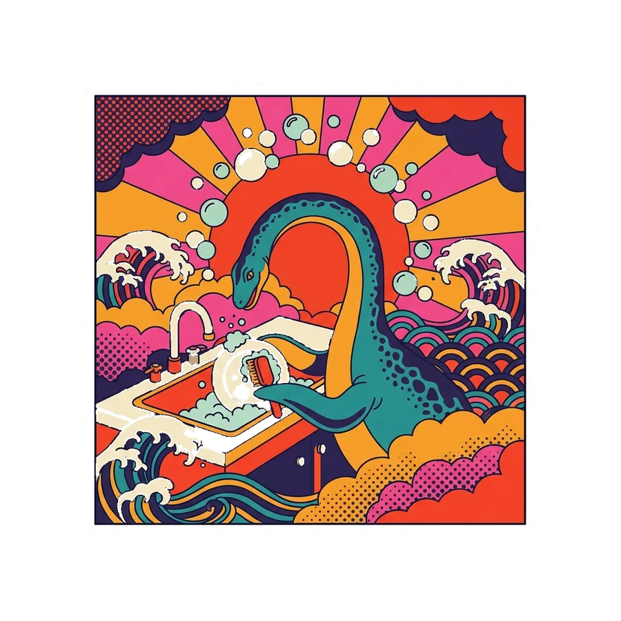 Plesiosaurus — Washing dishes dinosaur sticker, Kaiju Sunrise collection