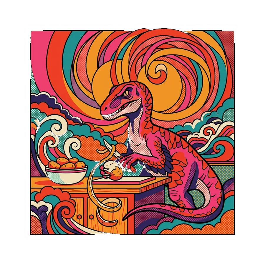 Utahraptor — Peeling potatoes dinosaur sticker, Kaiju Sunrise collection