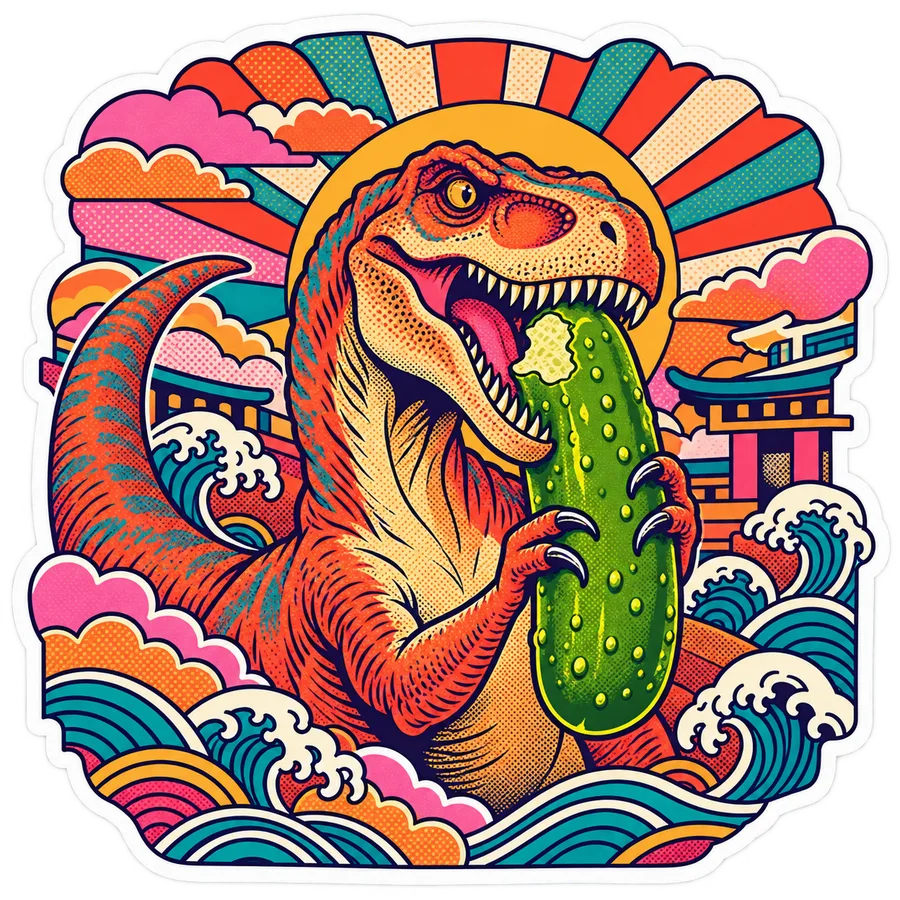 Tyrannosaurus — Giant whole kosher dill dinosaur sticker, Kaiju Sunrise collection