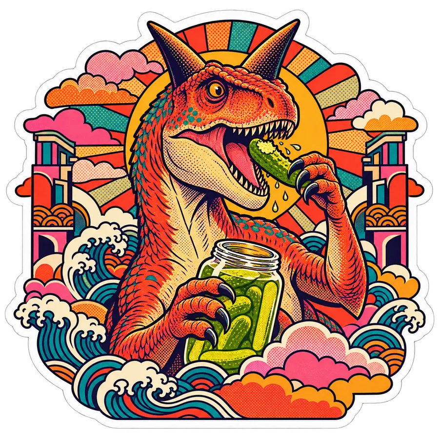 Carnotaurus — Tiny gherkin from jar dinosaur sticker, Kaiju Sunrise collection