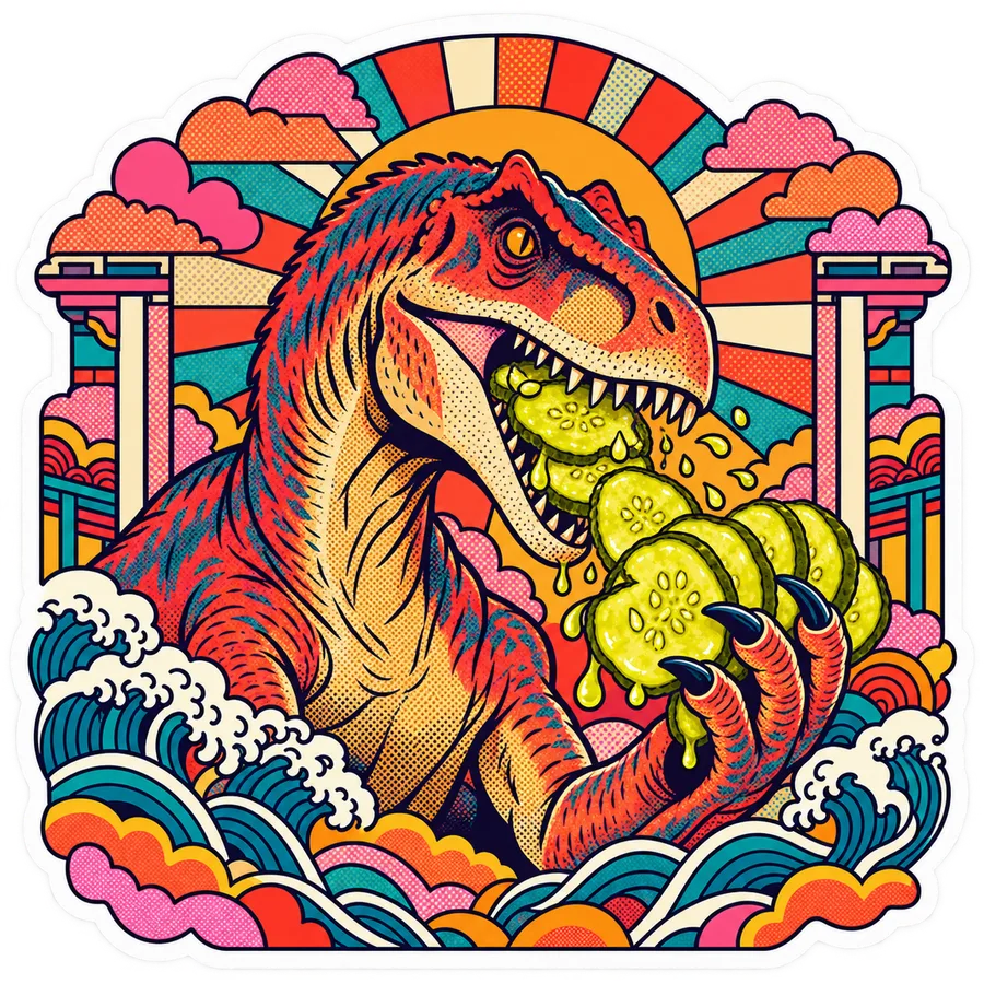 Allosaurus — Round bread-and-butter coins dinosaur sticker, Kaiju Sunrise collection