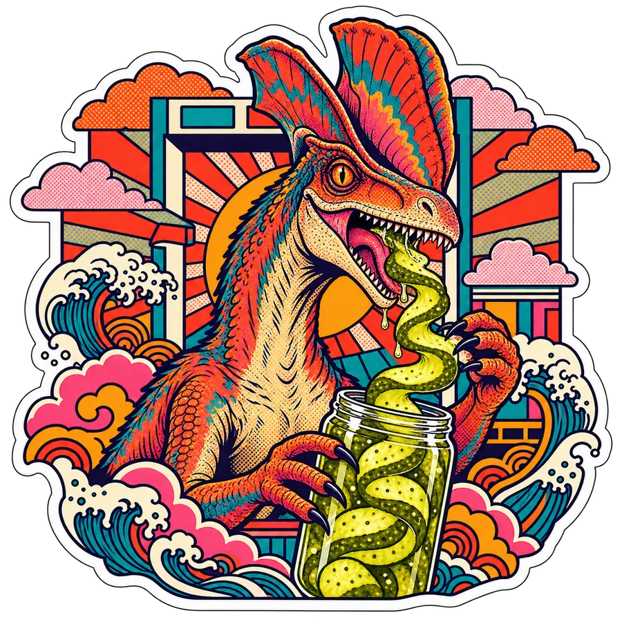 Dilophosaurus — Spiral-cut dill dinosaur sticker, Kaiju Sunrise collection