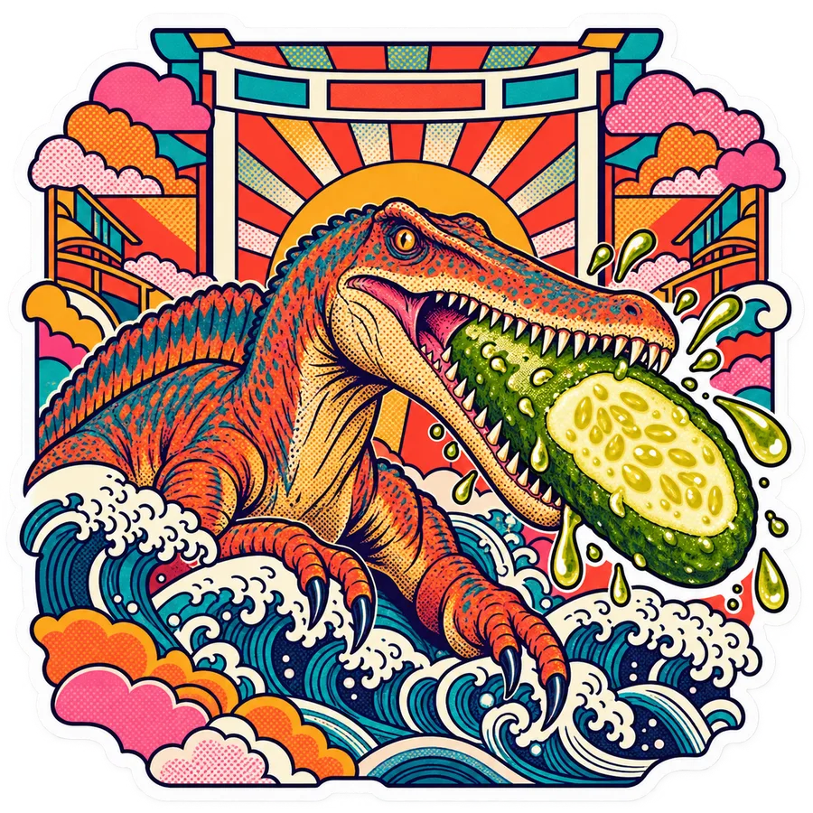 Baryonyx — Lengthwise pickle half dinosaur sticker, Kaiju Sunrise collection
