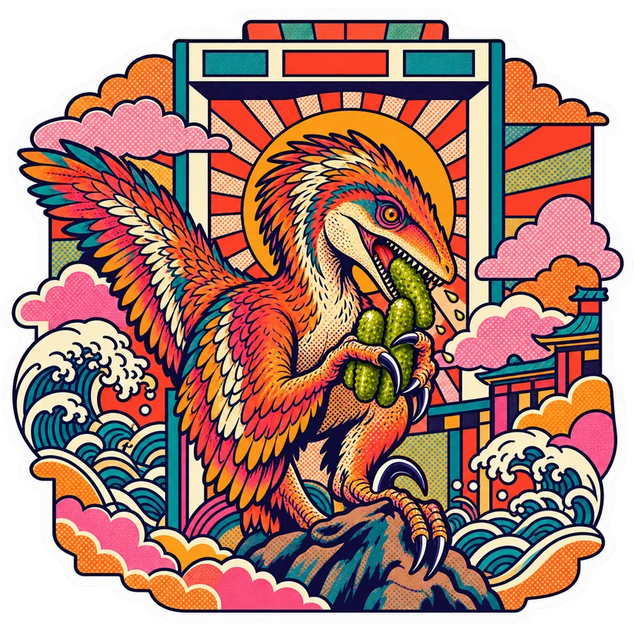 Deinonychus — Cluster of baby gherkins dinosaur sticker, Kaiju Sunrise collection