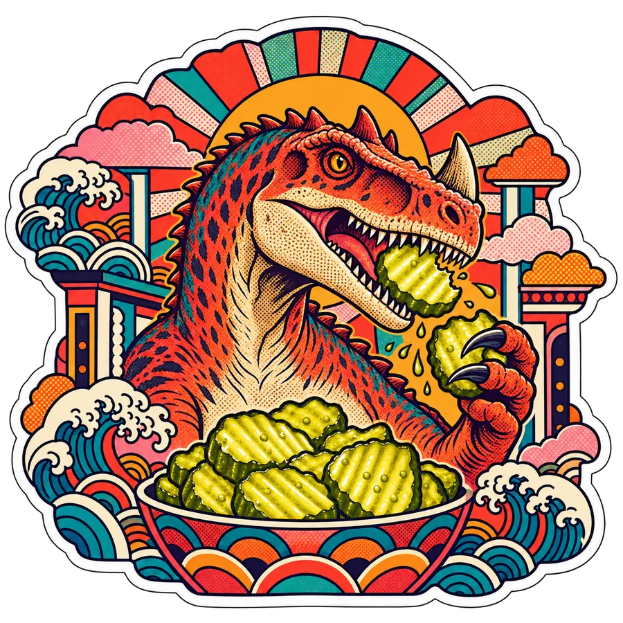 Ceratosaurus — Crinkle-cut pickle chips dinosaur sticker, Kaiju Sunrise collection