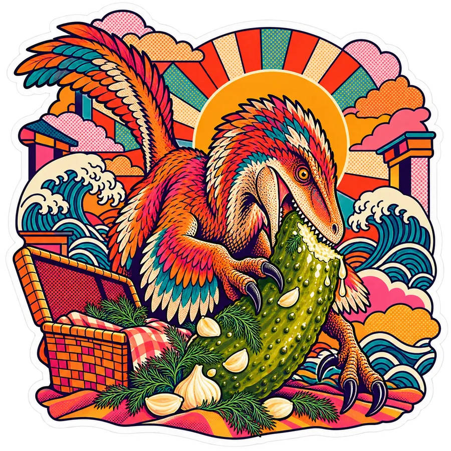 Utahraptor — Garlic dill dinosaur sticker, Kaiju Sunrise collection